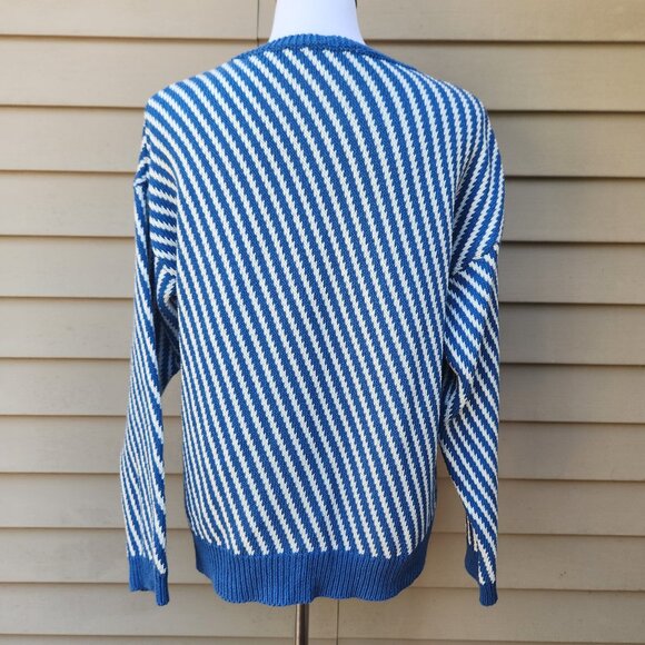Dr. Bloom Diagonal Striped Sweater Blue White V-Neck Cotton Blend - Picture 8 of 12